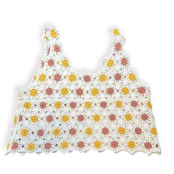 NEW IN Women’s White Yellow Rust Sleeveless Crochet Daisy Crop Tank Top Size M / - Picture 5 of 8